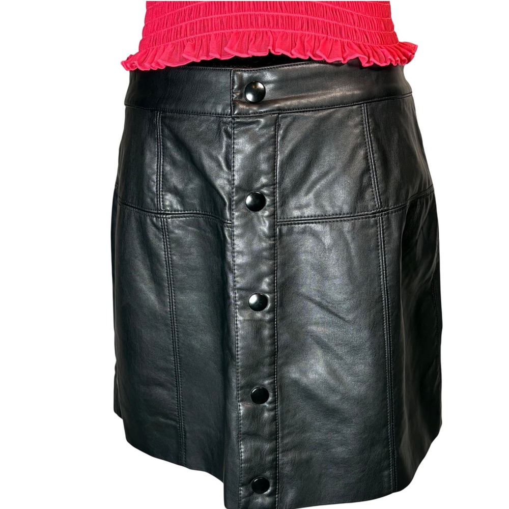 Free People Black Faux Leather Button‎ Front Mini Skirt US 6 Y2K Grunge Moto